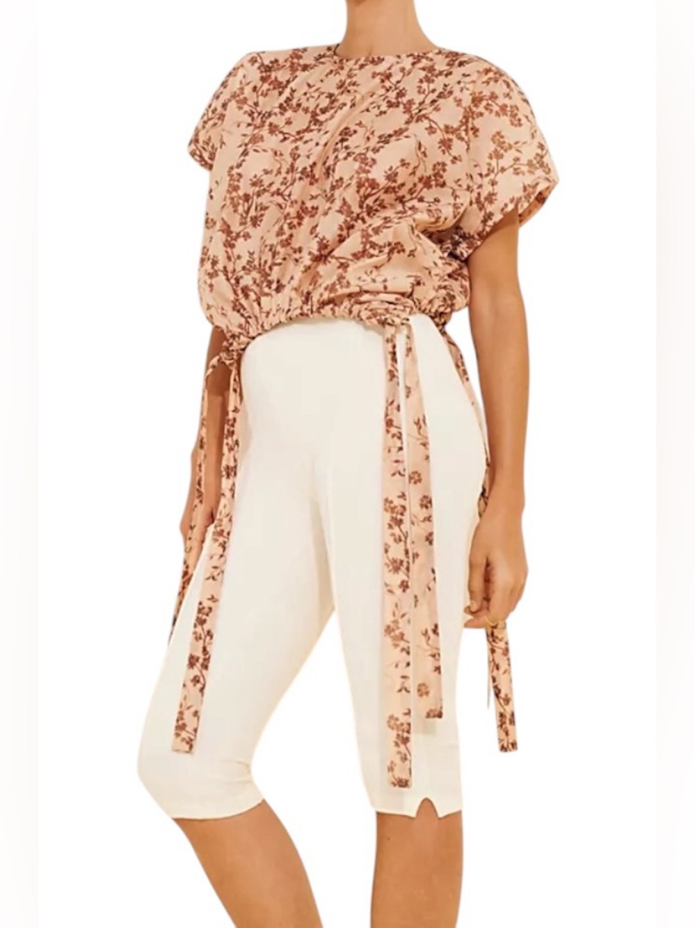 ESTHÉ Floral Sheer Poplin Ribbon Oversized Lightweight T-Shirt Beige Small